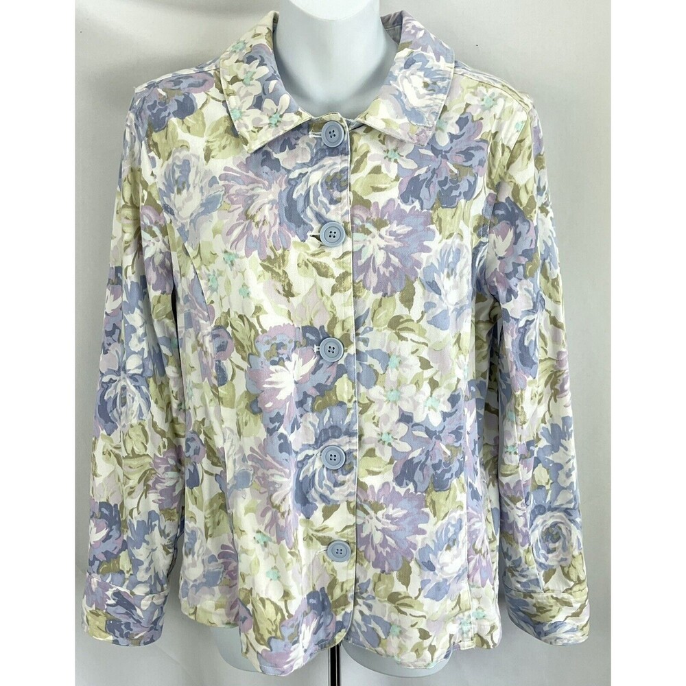 Croft Barrow Jacket M Purple Pastel Floral Button Up Collar Cottage Boho Hippie